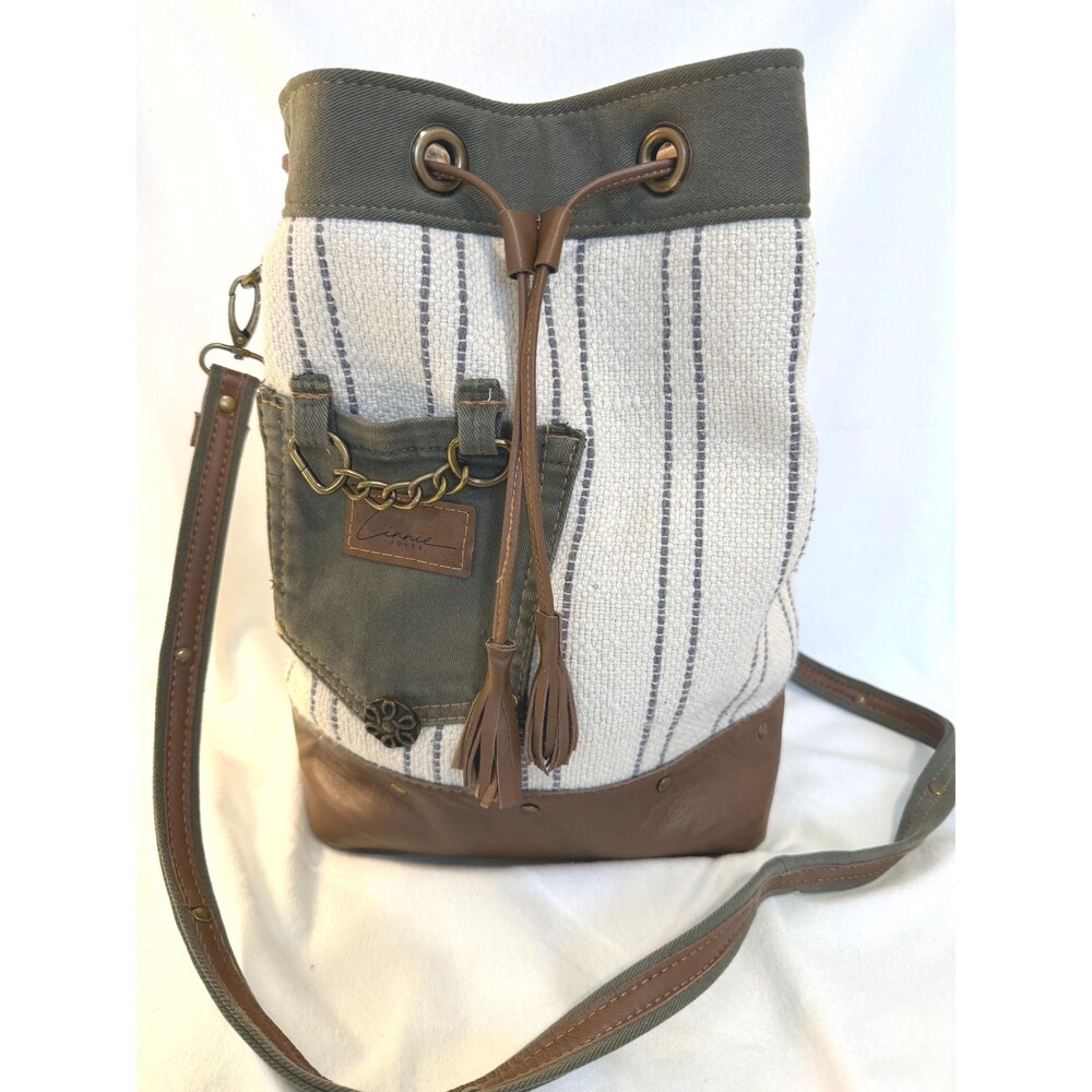Upcycled Bucket Bag – Handmade Lambskin Leather & Army Green and cream